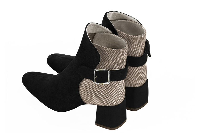 Matt black and tan beige women's ankle boots with buckles at the back. Square toe. Medium block heels. Rear view - Florence KOOIJMAN
